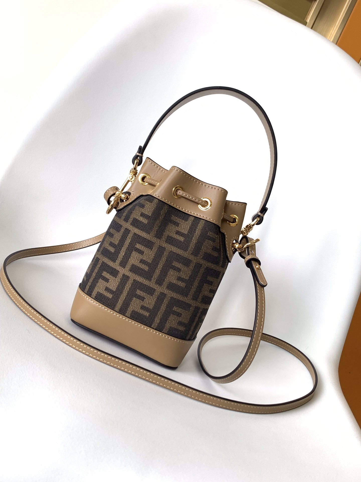 Fendi Mini Mon Tresor FF Fabric Shoulder Bag Brown